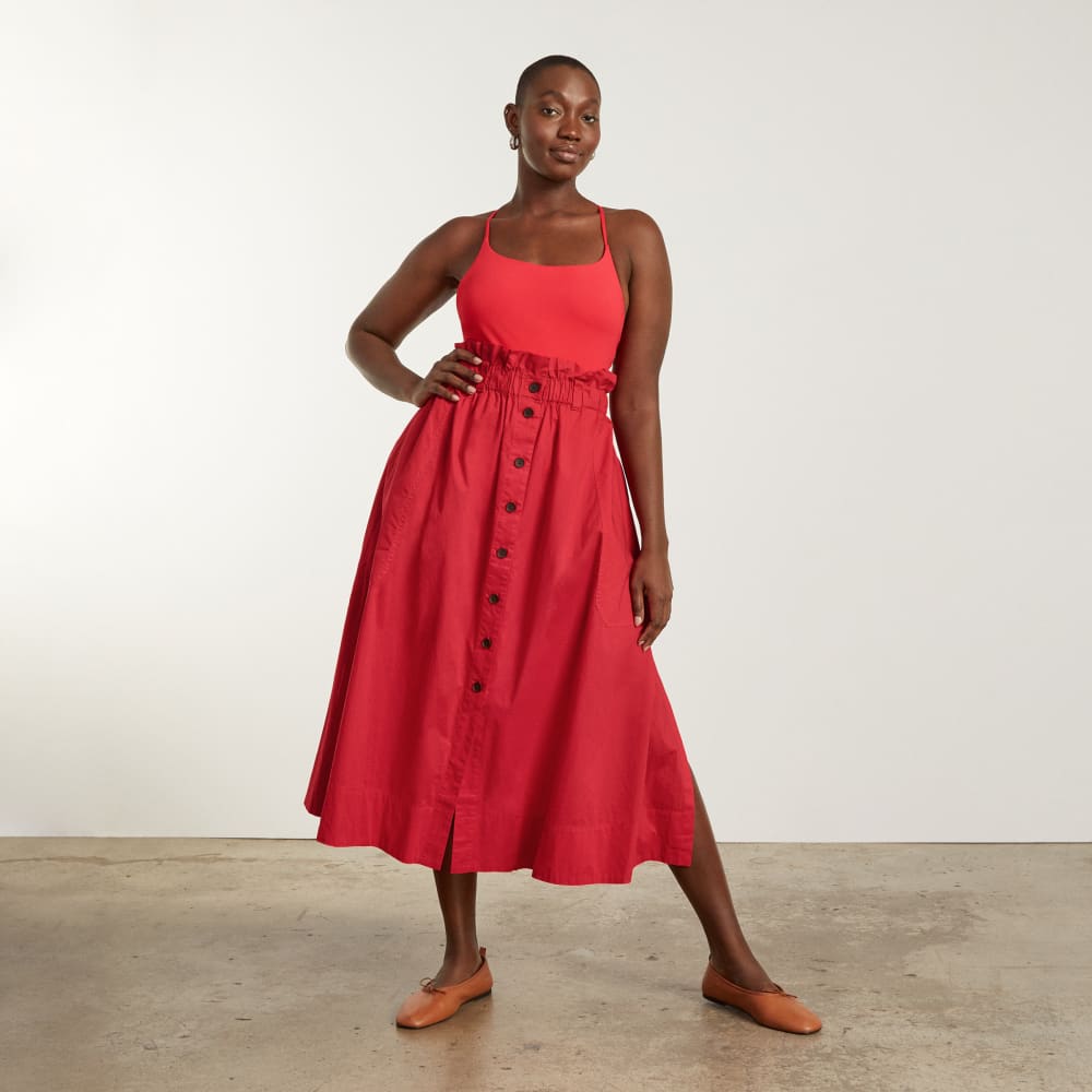 The Easy Button-Front Skirt in Goji Berry — detail view