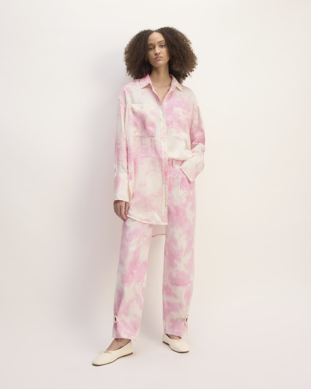 The Everlane x Marques' Almeida Satin Tie-Dye Shirt in Pink Tie-Dye — detail view