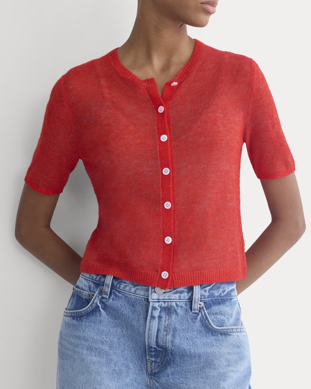 The Air Alpaca™ Short-Sleeve Cardigan in Fiery Red — detail view