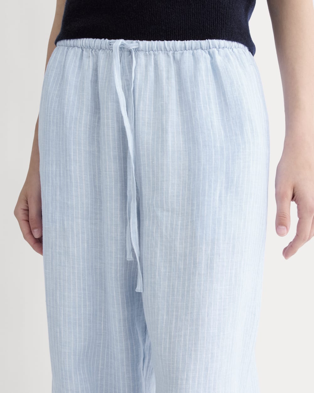 The Drawstring Pant in Linen in Sky Blue / White — detail view