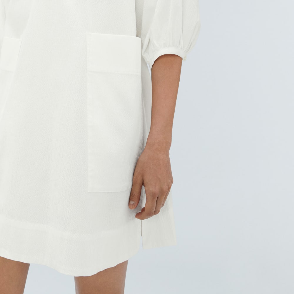 The Seersucker Puff Sleeve Dress in White — detail view