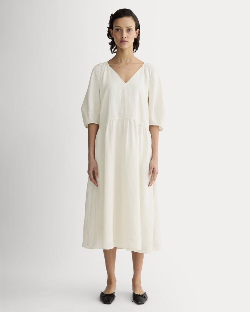 The Linen Oversized Puff-Sleeve Dress in Bone — front view