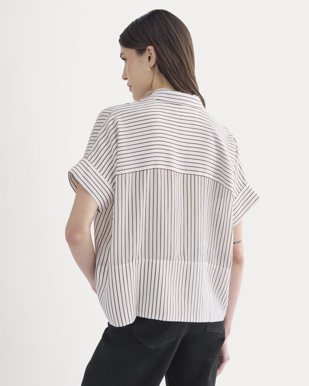 The Boxy Shirt in Washable Silk in Bone / Toffee Stripe — detail view