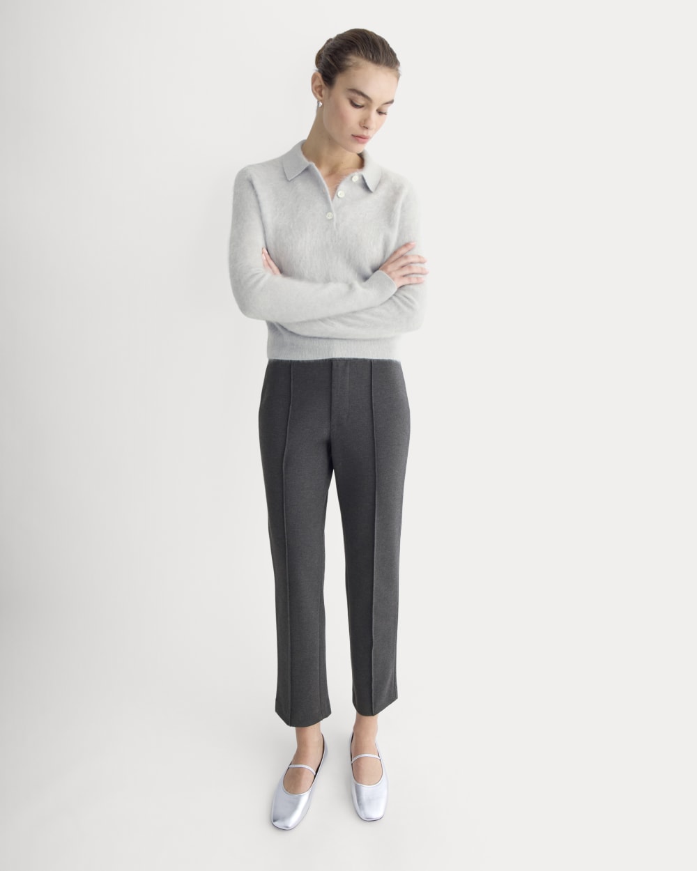 Slim Trouser in Ponte in Heathered Soot — front view
