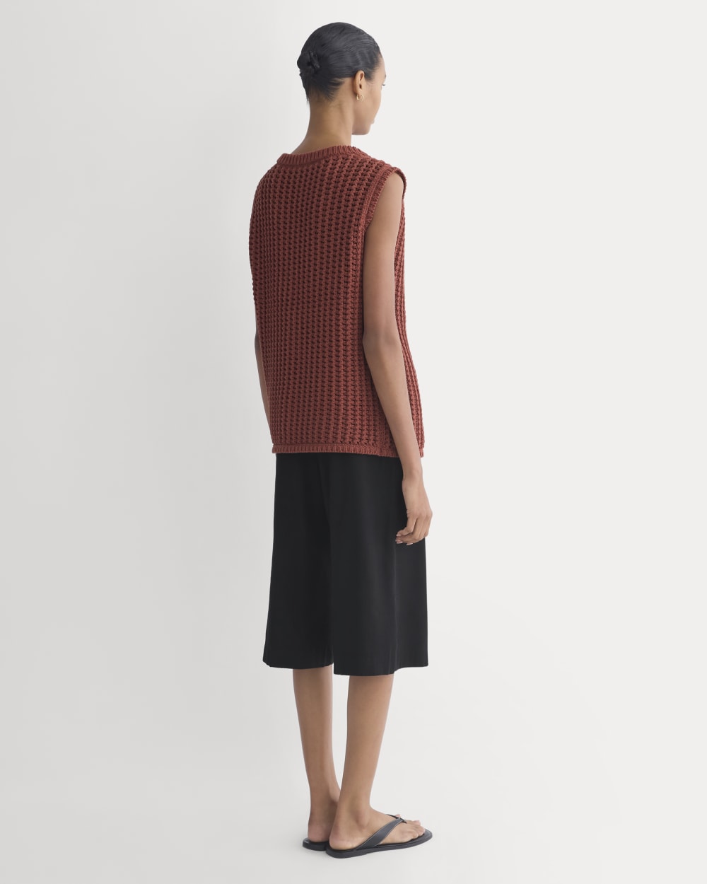 Open-Knit Tunic Vest in Elevated Cotton in Henna Red — detail view