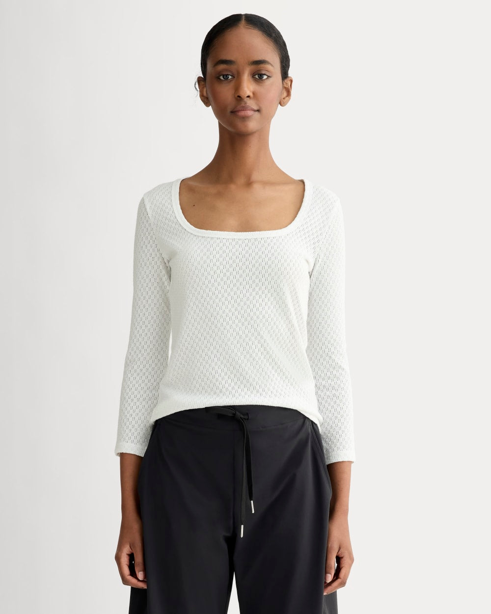 The Pointelle Scoop-Neck Top in White — front view