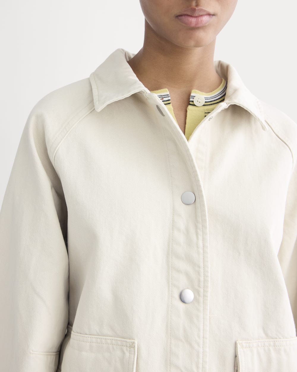 Cropped Denim Jacket in Garment-Dyed Sand — detail view