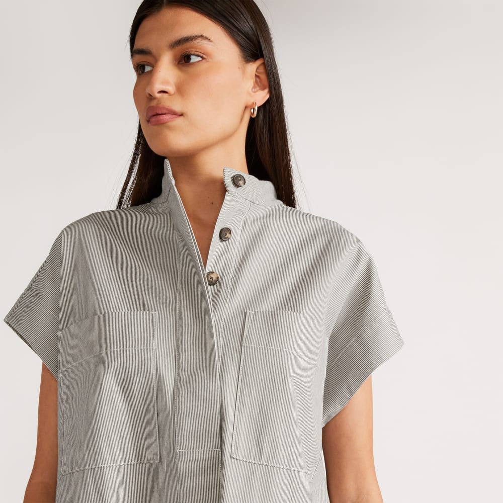 The Easy Workwear Dress in Canvas Tan / Navy — detail view
