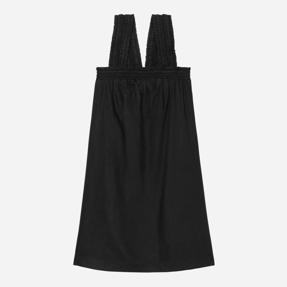 The Smocked Linen Dress in Black — front view