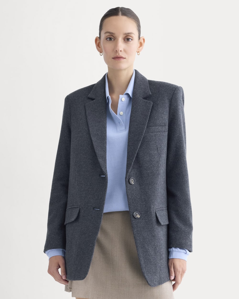 The Oversized Blazer in Wool in Navy Herringbone — front view