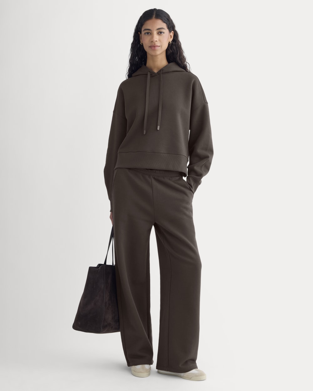 Cropped Luxe Fleece Hoodie in Dark Chocolate — detail view