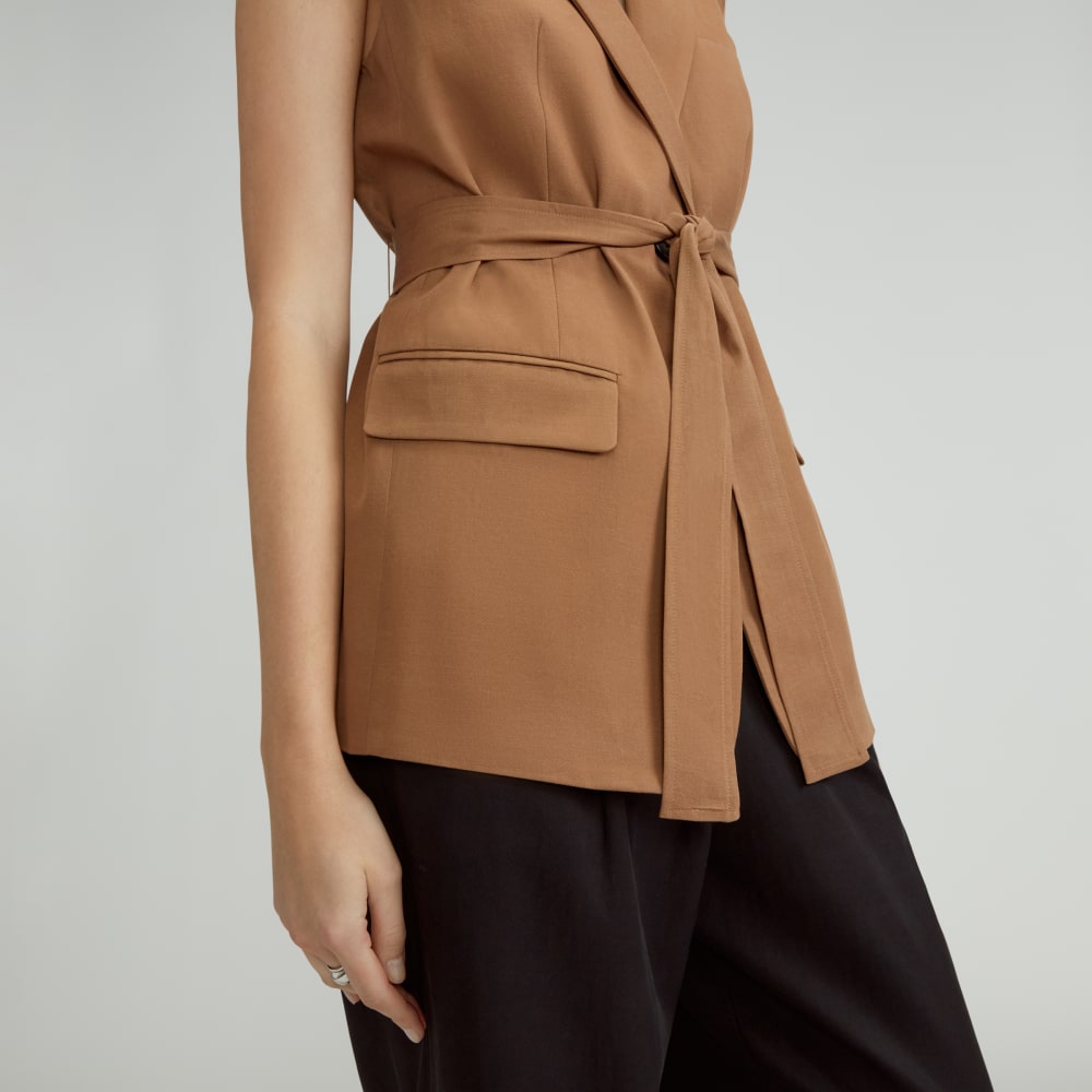 The Sleeveless Blazer in Buttersmooth in Toasted Coconut — detail view