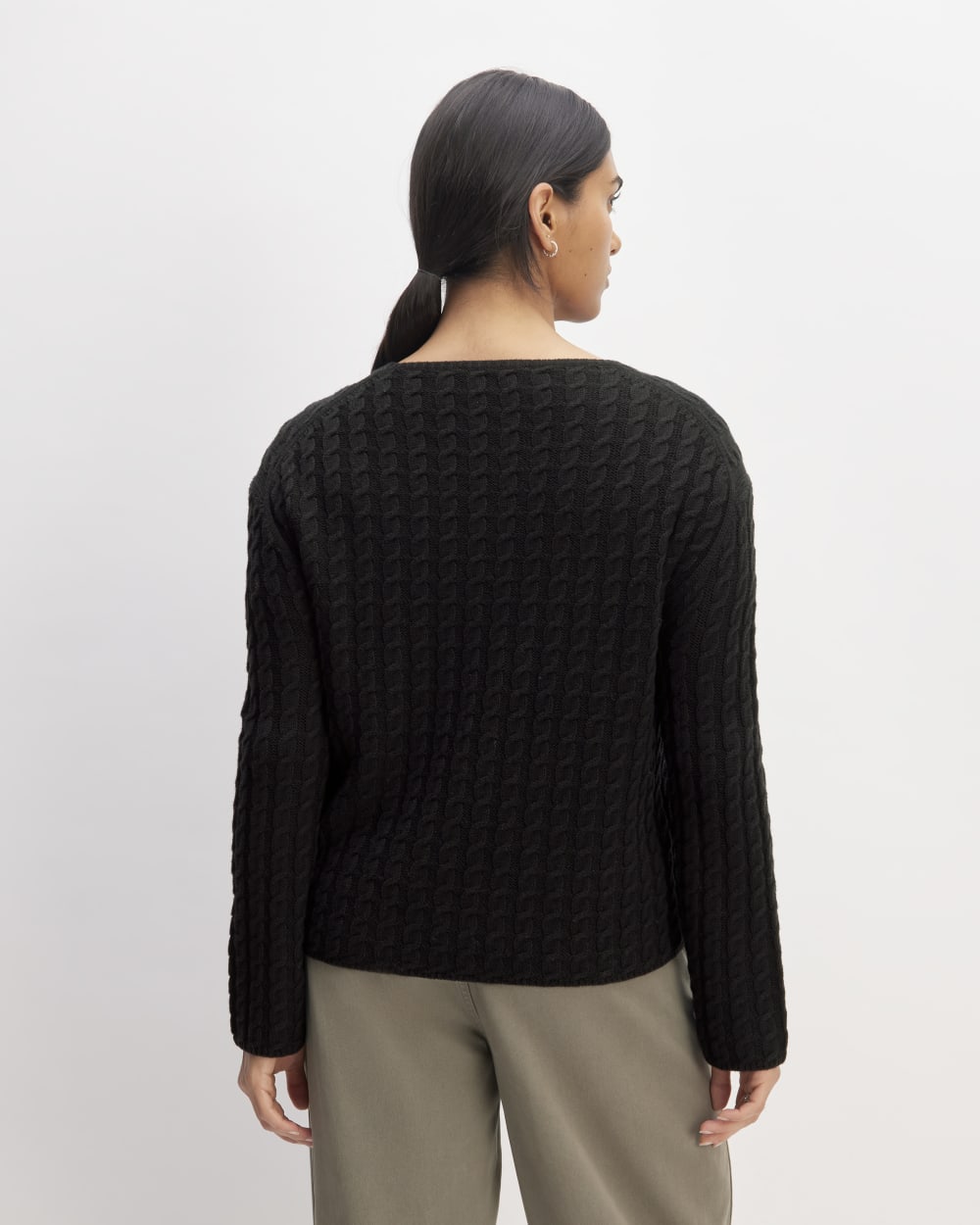 The Cotton Merino Cable Crew in Black — detail view