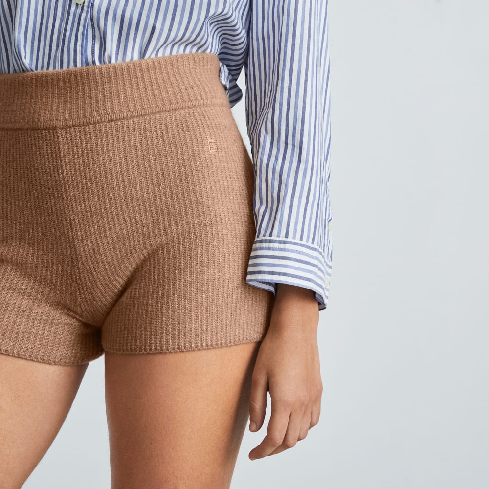 The Cozy-Stretch Short in Camel — detail view