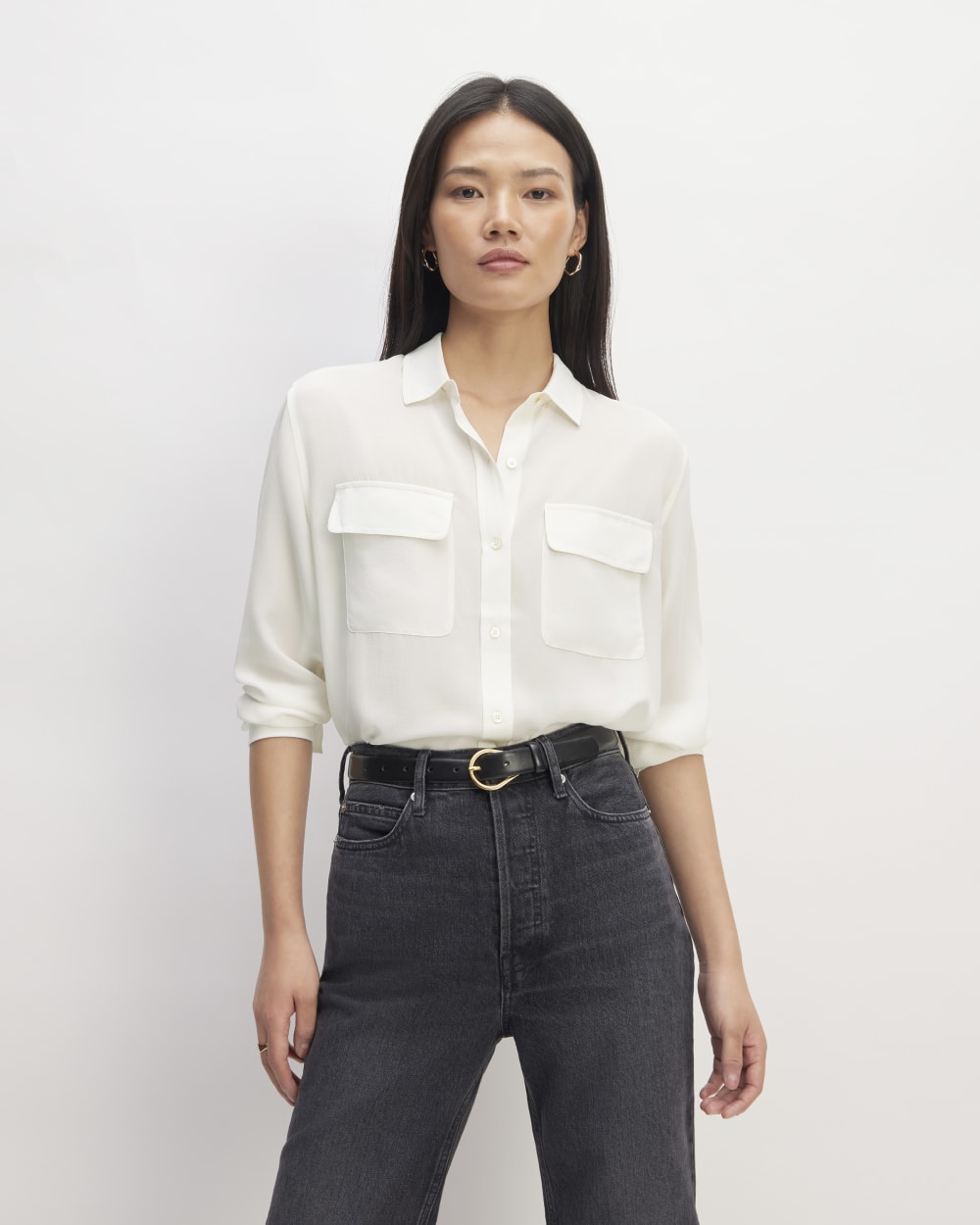 The Utility Shirt in Washable Silk in Off-White — front view