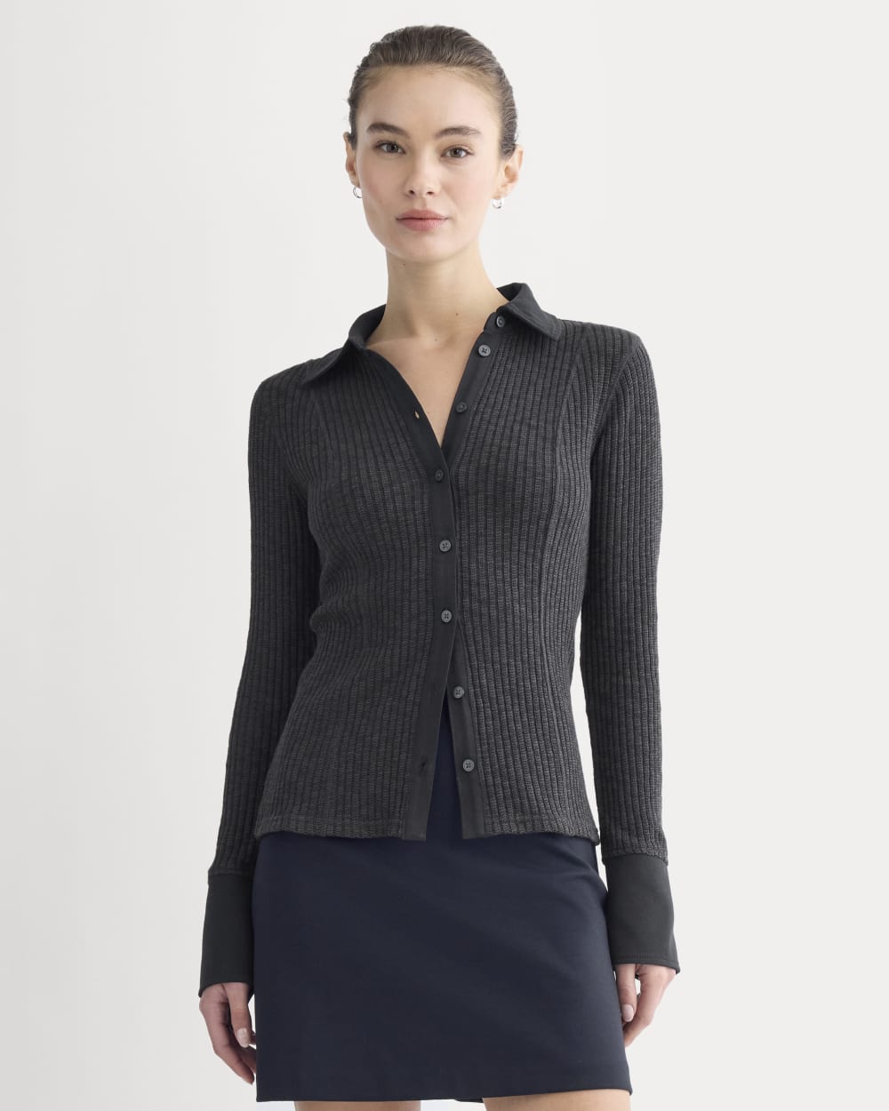 Cozy Rib Button-Up in Black — front view