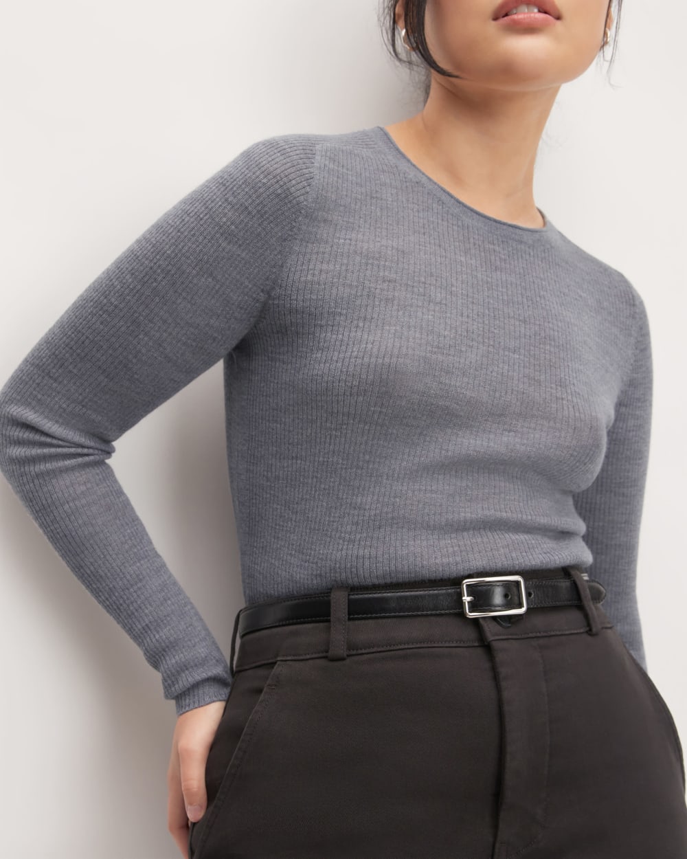 The Long-Sleeve Sweater Tee in Ultrasoft Merino in Heather Mid Grey — detail view