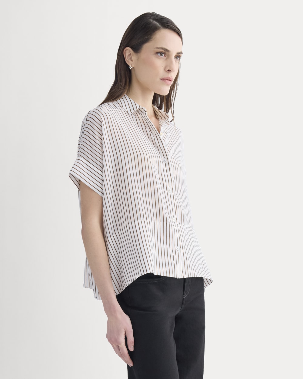 The Boxy Shirt in Washable Silk in Bone / Toffee Stripe — front view