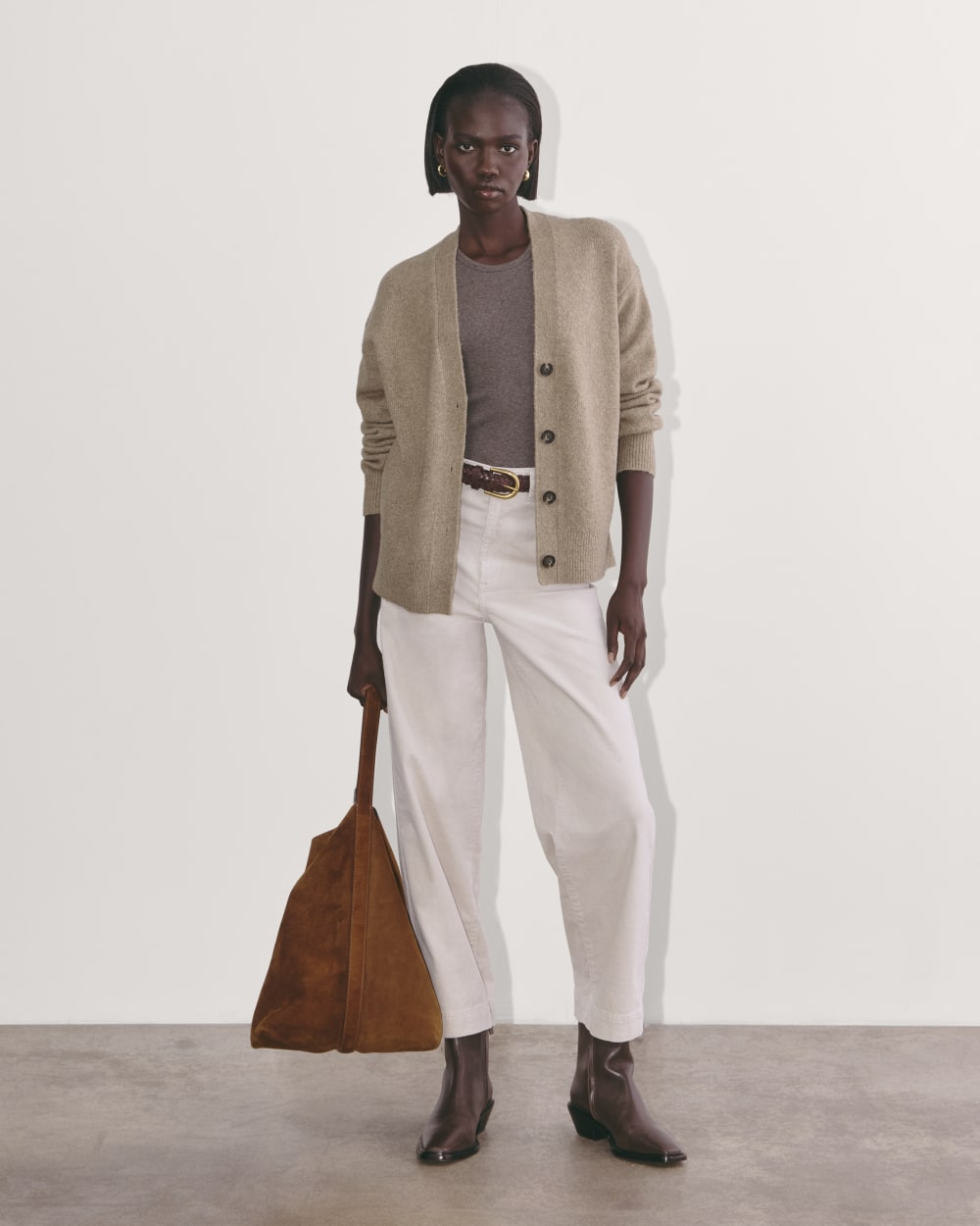 The Cocoon Cardigan in Plush Cotton in Heather Taupe — detail view