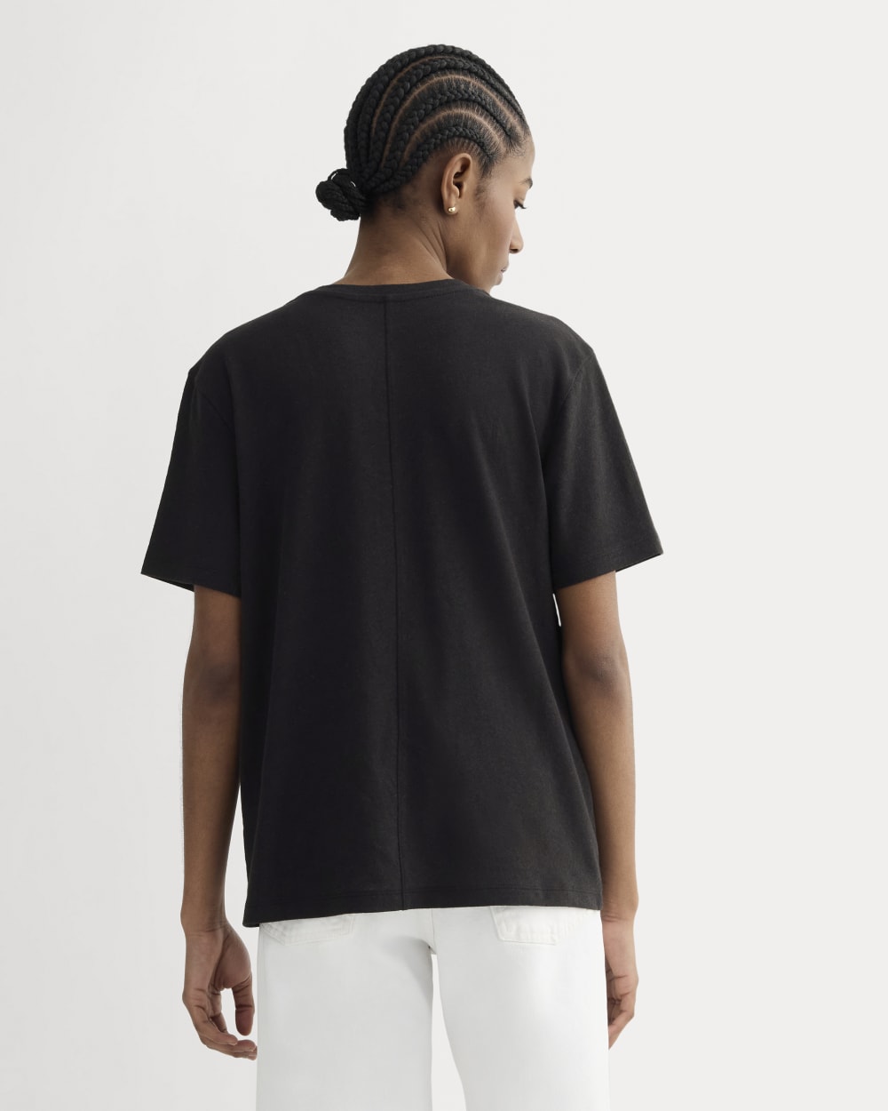 The Slouchy V-Neck Tee in Cotton Linen in Black — detail view