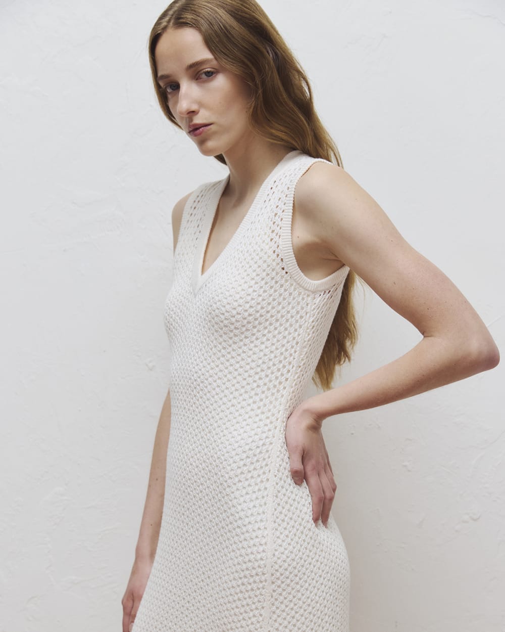 Lace Knit Maxi Sweater Dress in Bone — detail view