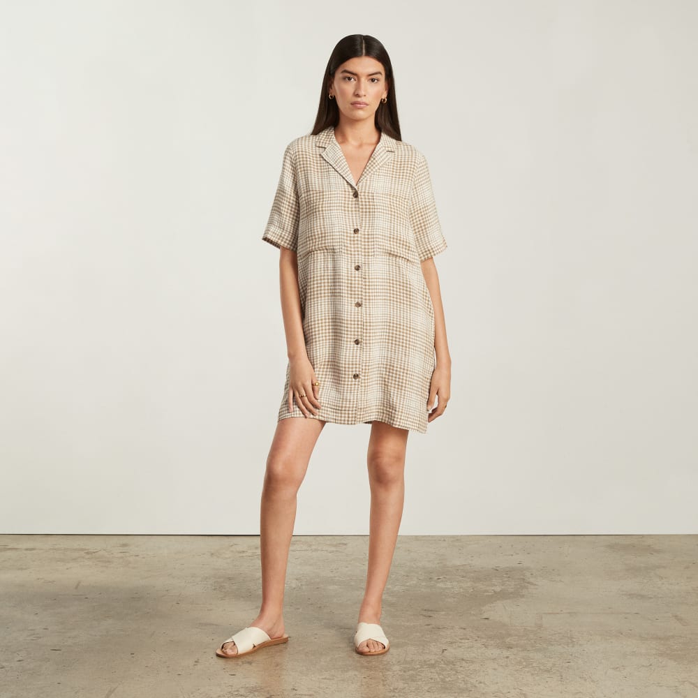 The Linen Workwear Dress in Iced Coffee Grid — alternate view