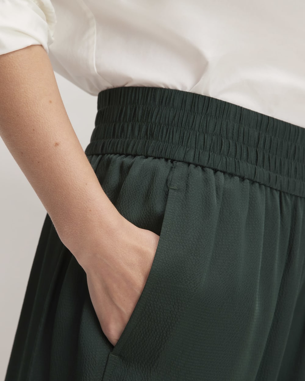 The Satin Pull-On Pant in Scarab — detail view