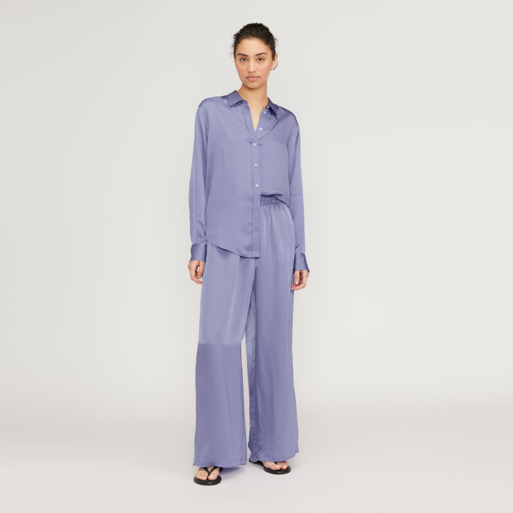 The Satin Pull-On Pant in Cornflower Blue — detail view
