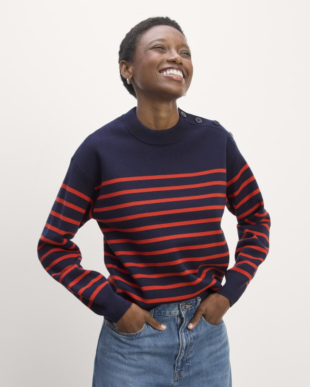 The Mariner Crew Sweater in Navy / Poppy Red — front view