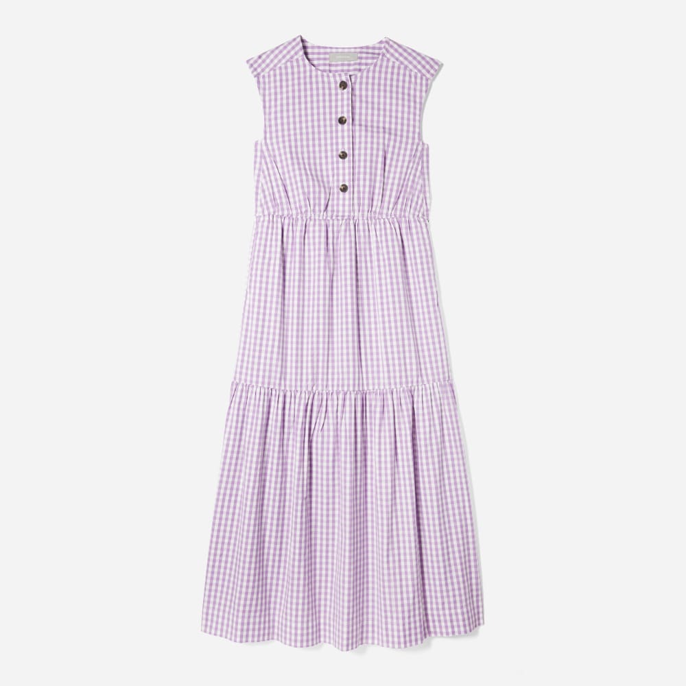 The Tiered Midi Dress in Orchid Gingham — front view