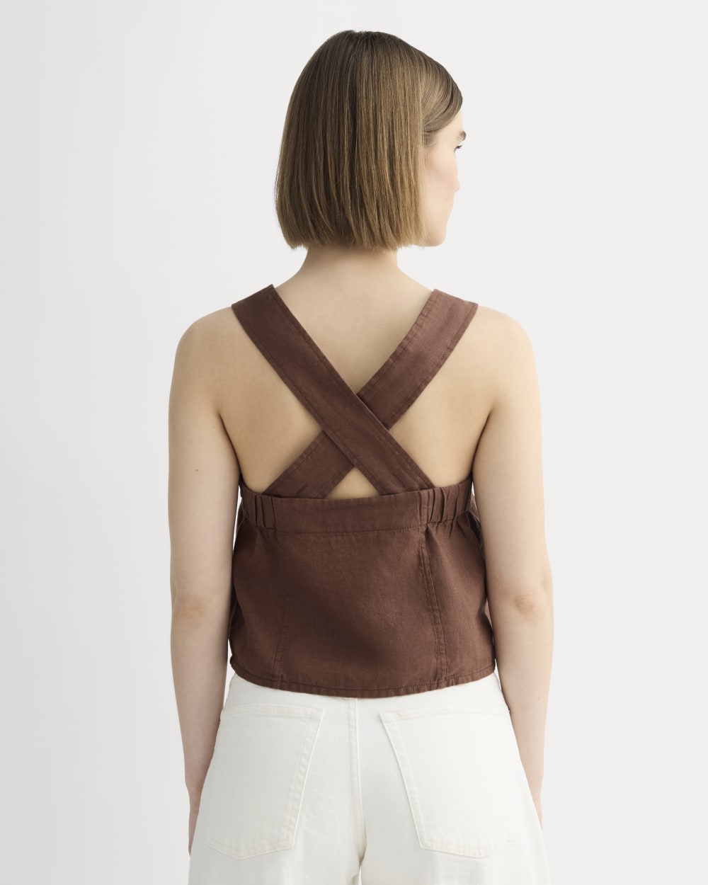 The Crossback Tank in Linen in Cedarwood — detail view