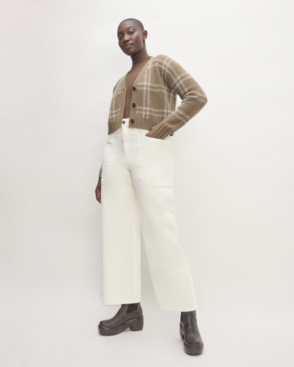 The Alpaca V-Neck Cropped Cardigan in Wheat / Lightest Taupe — detail view