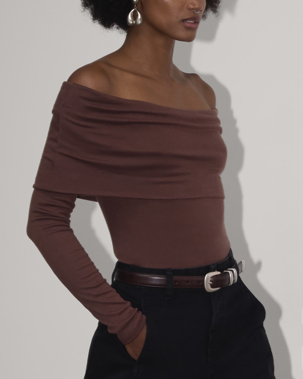 The Off-the-Shoulder Top in Butterluxe in Dark Mahogany — detail view