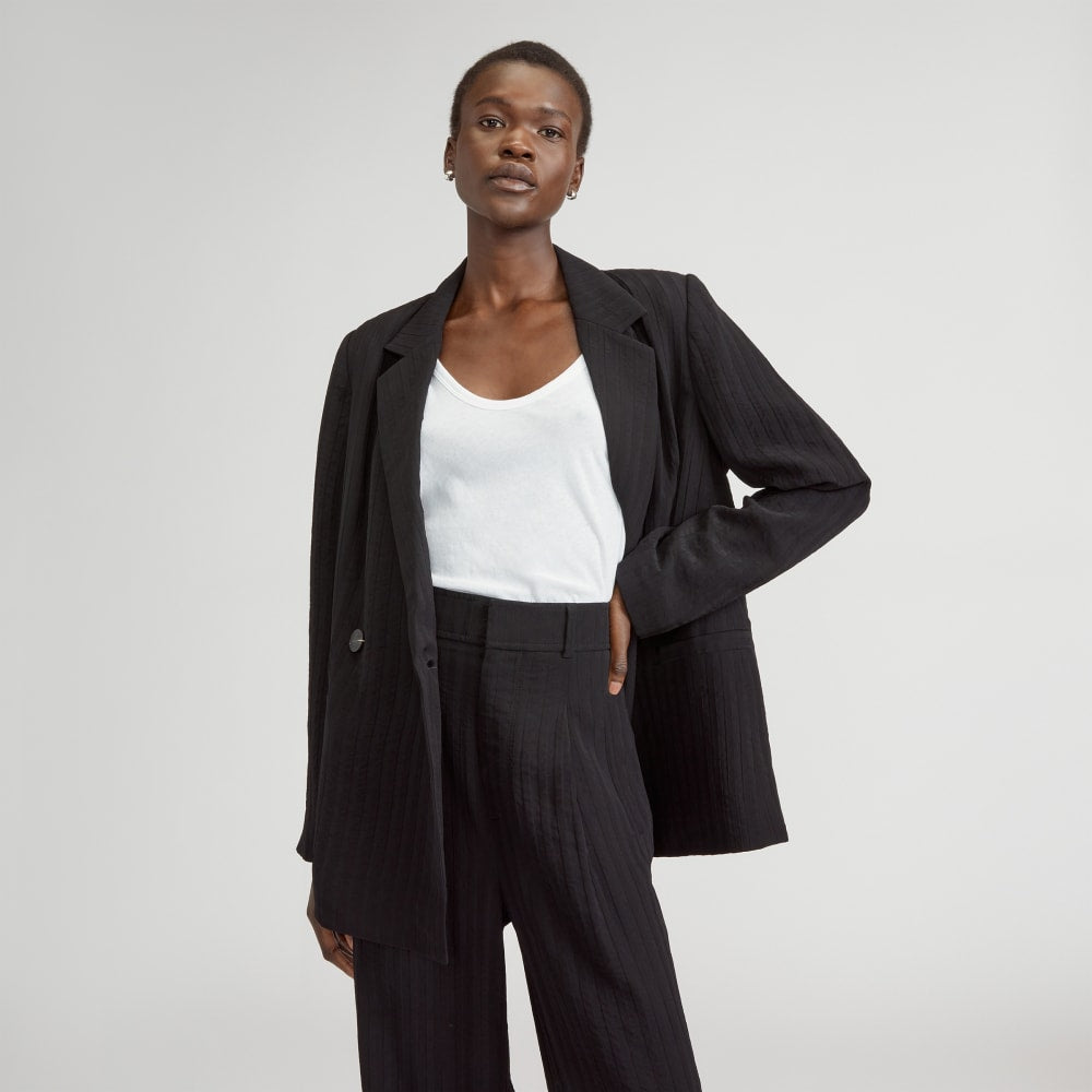 The Drapey City Stripe Blazer in Black — front view