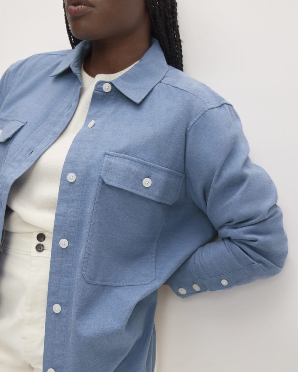 The Classic Cotton Flannel Shirt in Heathered Heritage Blue — detail view