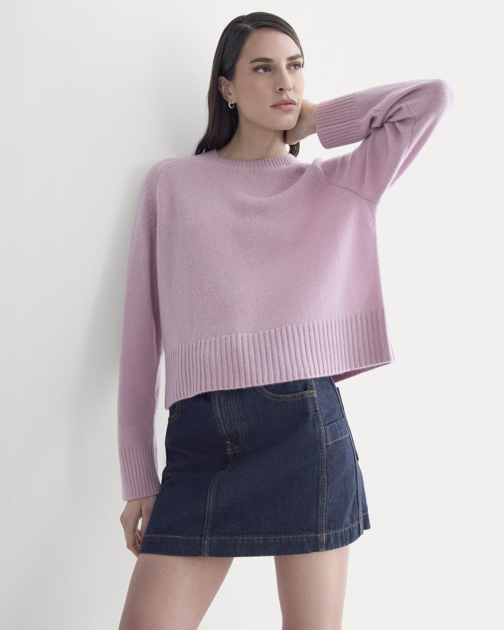 The Boxy Crew in Cashmere in Lilac Crush — front view