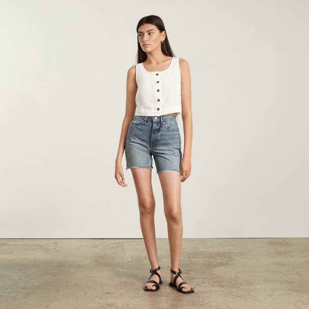 The Linen Button-Front Crop Tank in White — detail view