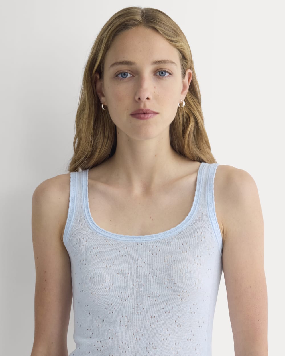 Lace-Trimmed Tank in Fine Linen in Skywriting — detail view