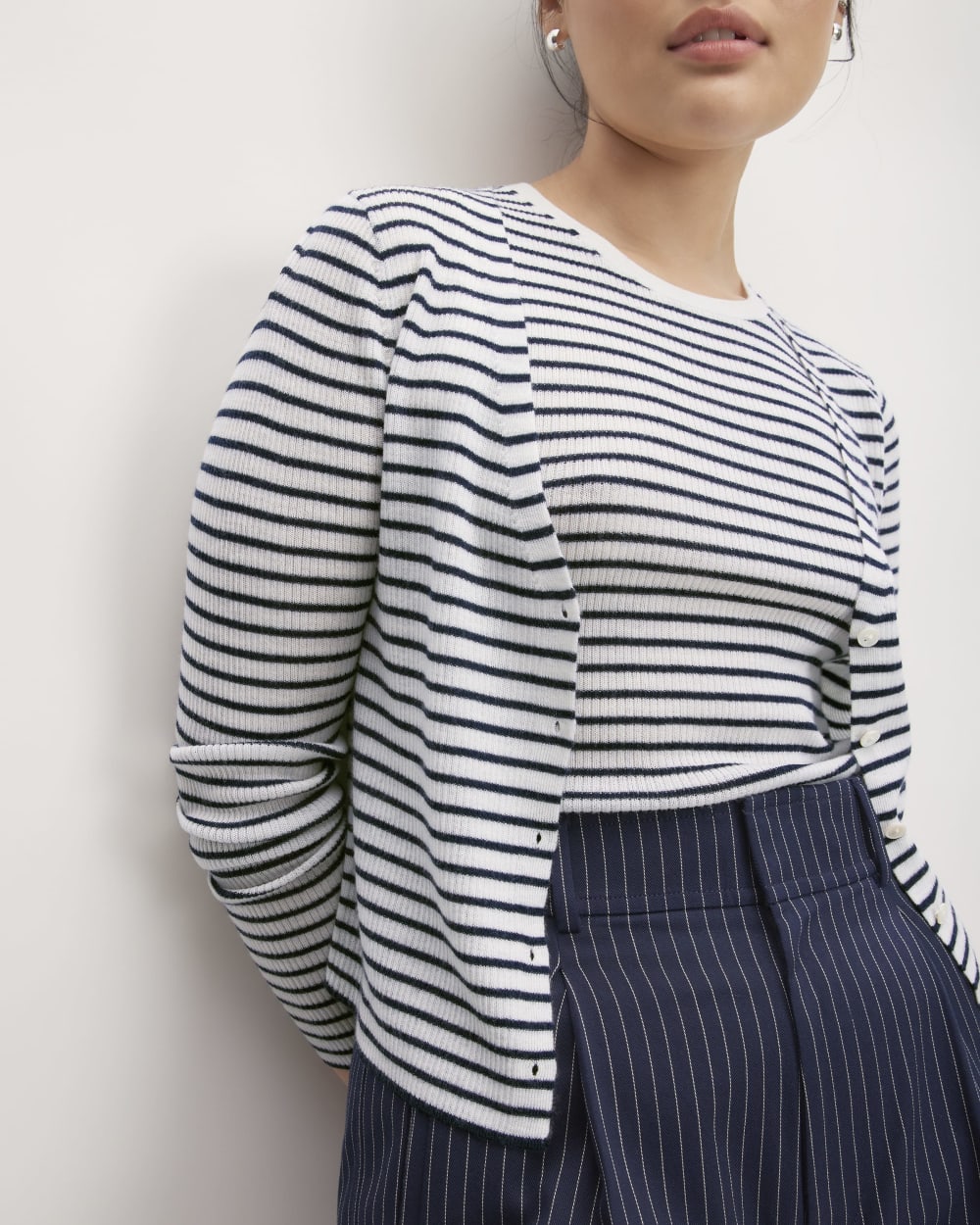 The Cardigan in Ultrasoft Merino in Bone/Navy — detail view