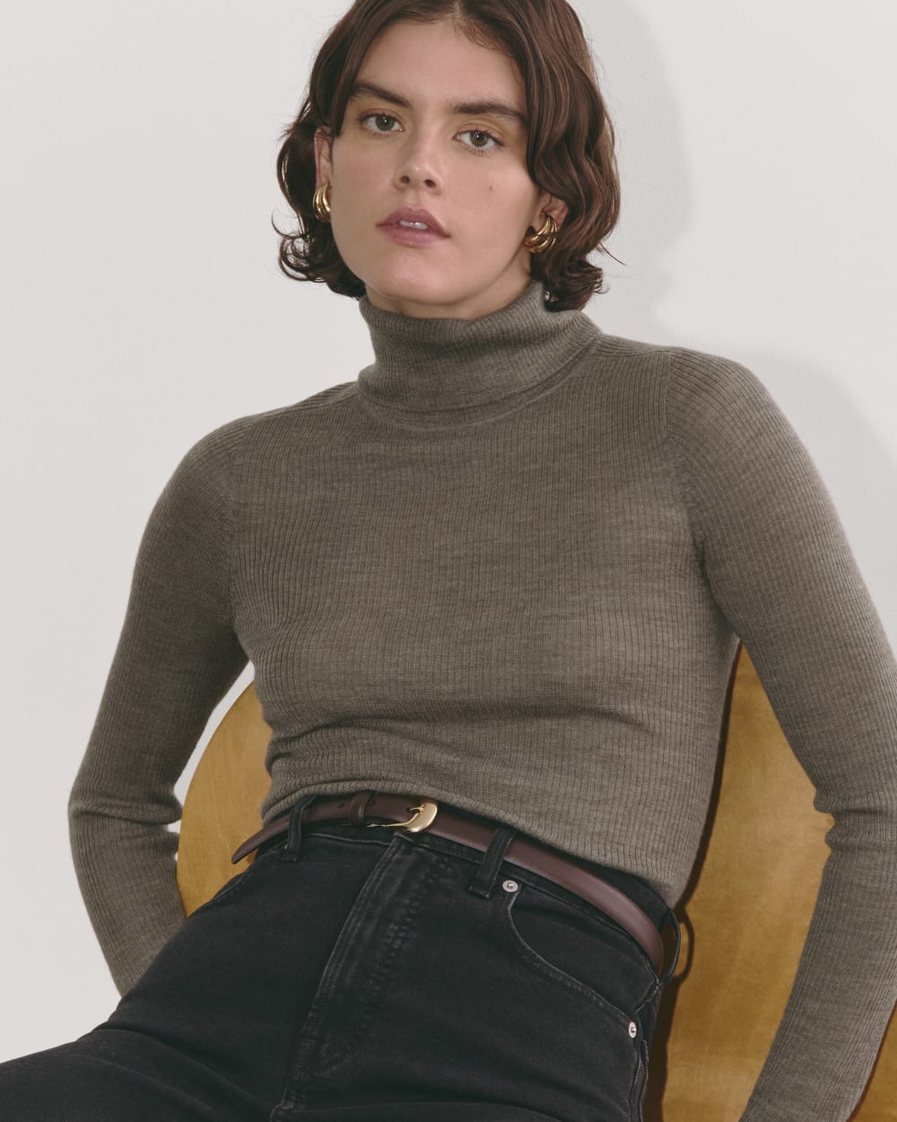The Turtleneck in Ultrasoft Merino in Heather Cocoa — detail view
