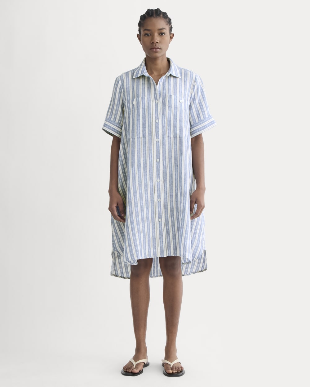 The Daytripper Dress in Linen in Soft Cobalt/Bone — front view