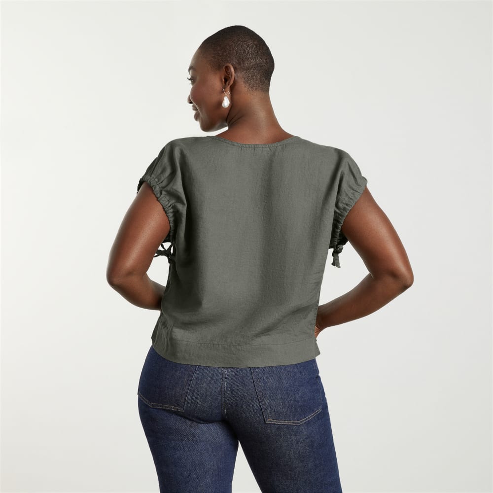 The Drawstring Tunic in Pewter Green — detail view