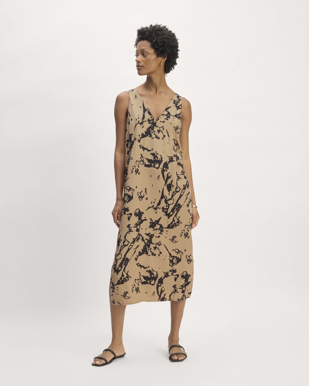 The TENCEL™ Midi Slip Dress in Black / Cornstalk Abstract — front view
