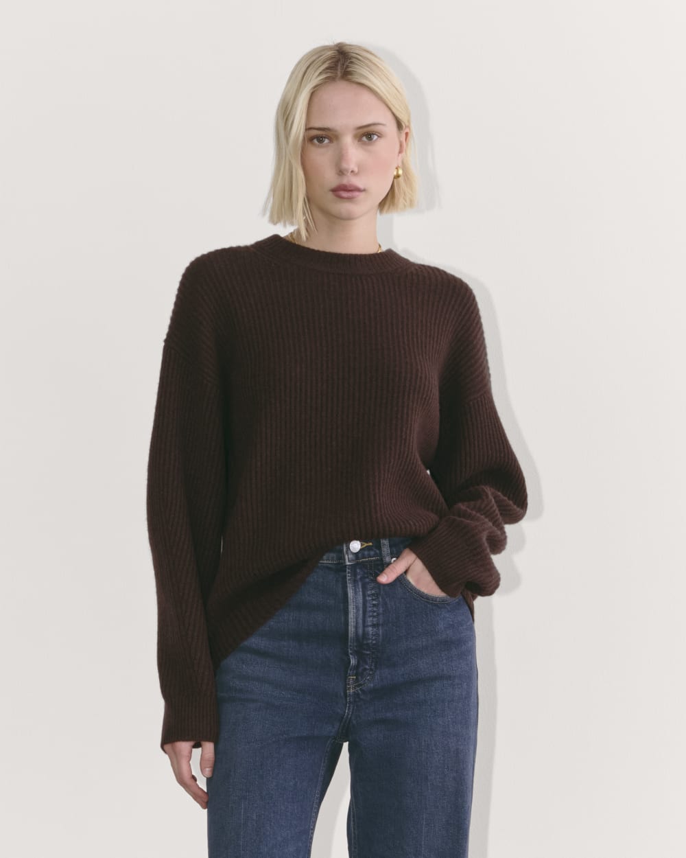 The Cocoon Crew in Wool Cashmere in Americano — front view