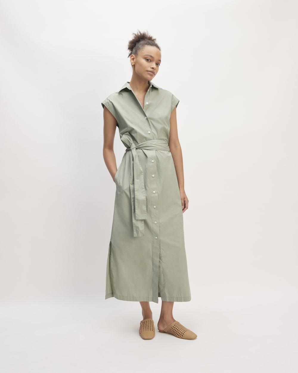 The Supima® Cotton Short-Sleeve Shirt Dress in Sage Green — front view