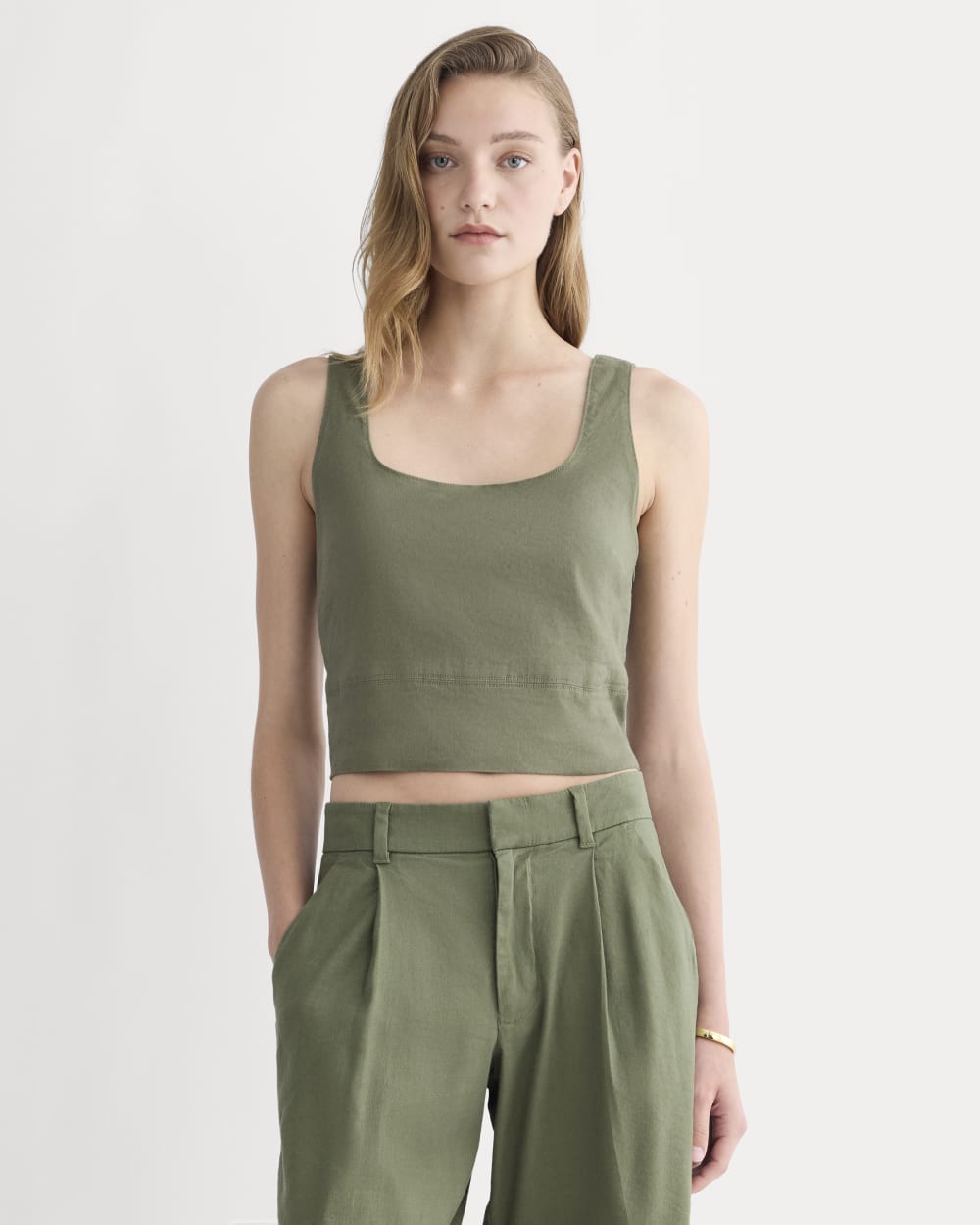 The Square Tank in Stretch Linen in Lichen Green — front view