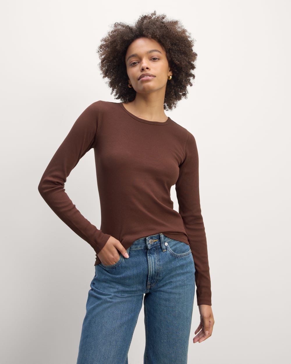 The Luxe Rib Long-Sleeve Crew in Dark Mahogany — front view