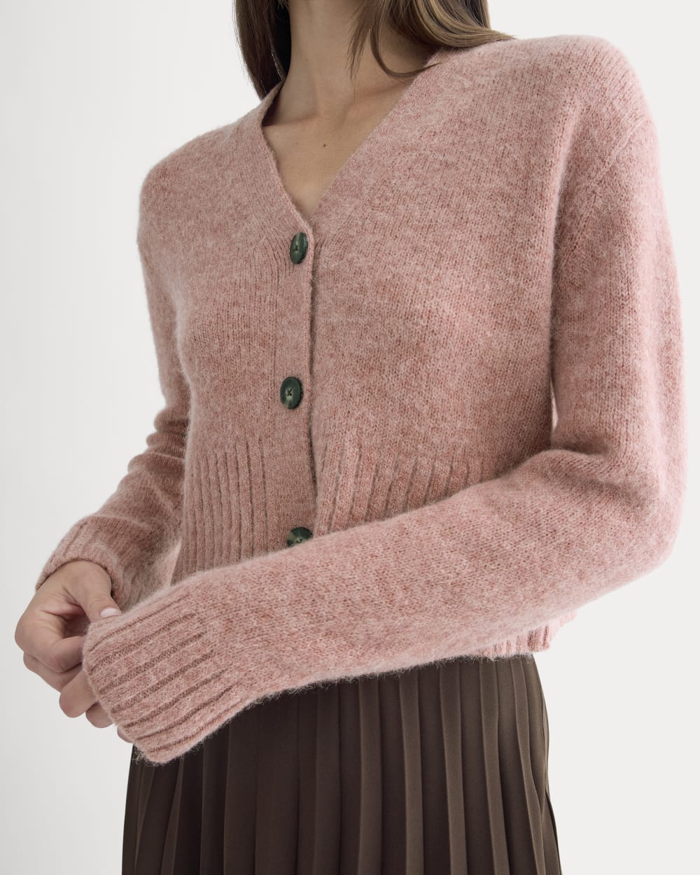 High V Cropped Cardigan in Alpaca in Heather Ash Rose — detail view
