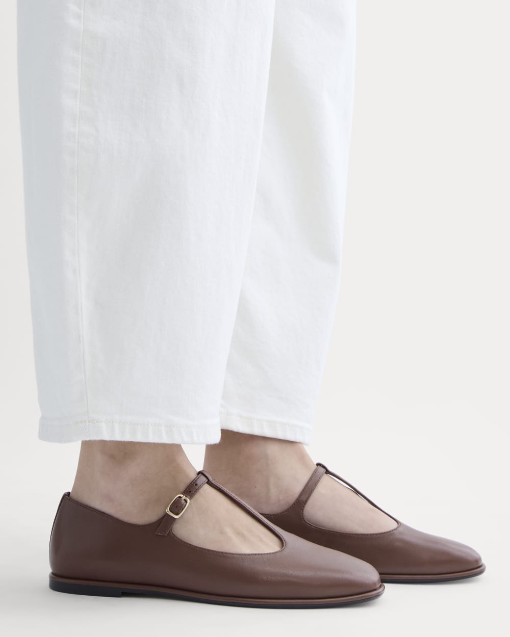 The Leather T-Strap Flat in Rum — detail view