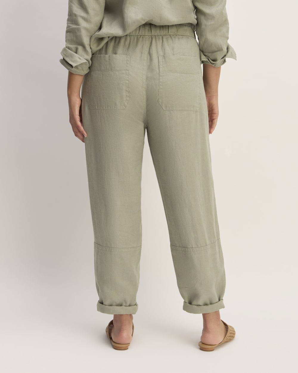 The Linen Pull-On Barrel Pant in Sage Green — detail view